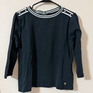 Anne Klein Black Long Sleeve Top with Striped Collar